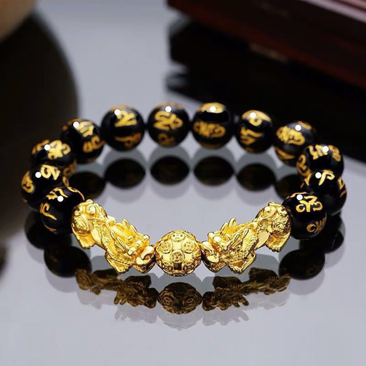 跨境爆款貔貅手链男士高级感仿3D硬金黑曜石招财转运佛珠貔貅手链
